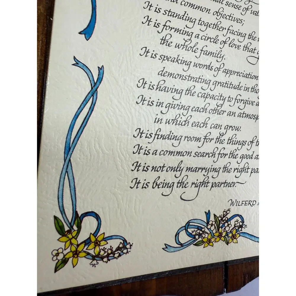 Vintage Art of Marriage Wood Plaque, Wilford Peterson Poem, 1970s Wedding Gift